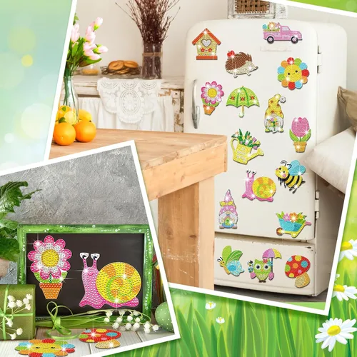 Miniatura 5 de Umigy 16 piezas de arte de diamantes de primavera para refrigerador, kits de pintura de diamantes de abeja de primavera, mariposa, gnomo, arte
