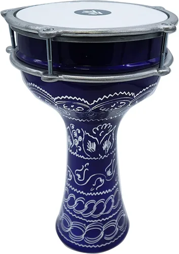 Darbuka de aluminio de 16 '' de longitud, tambor Doumbek turco sintonizable de cabeza sintética de 8 pulgadas (grabado oscuro-azul)