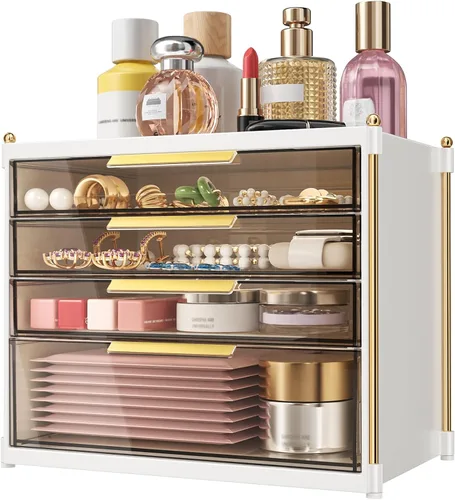 Aveniee Organizador de maquillaje con 4 cajones, organizadores y almacenamiento de baño, contenedores de plástico para encimera, perfumes, tocador,