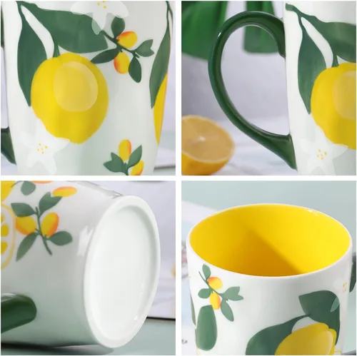 Miniatura 6 de NymphFable Taza de café grande de cerámica pintada a mano con asa 20oz Taza de té de limones Regalos para mujeres Limones múltiples