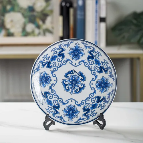 Miniatura 2 de Platos decorativos de porcelana azul y blanca de 10.2 in con patrón floral oriental para manualidades de cerámica para adornos, 1 plato con 1 CP003