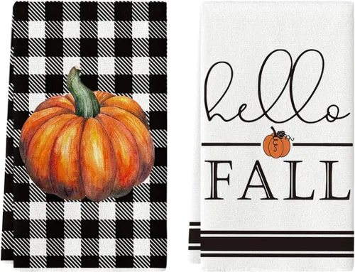 Artoid Mode Juego de 2 toallas de cocina con diseño de calabaza, diseño de calabaza de búfalo, 18 x 26 pulgadas, decoración de temporada, juego de 2