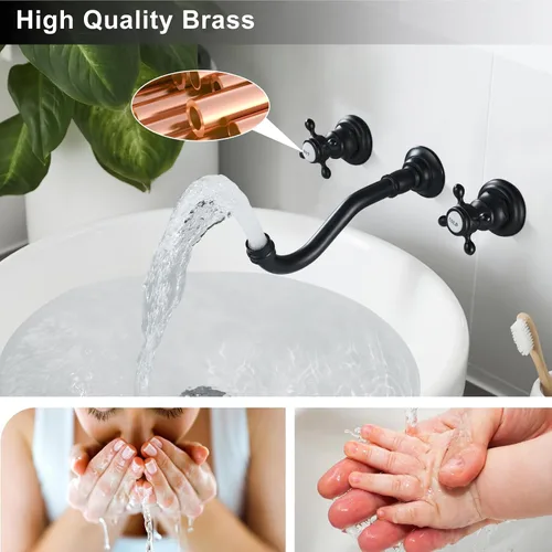 Miniatura 7 de Midanya Grifo de fregadero de baño extendido para montaje en pared, 3 agujeros, 2 pomos cruzados, latón lavabo mezclador, boquilla mezcladora, doble