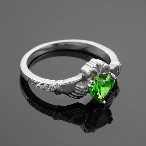 Miniatura 3 de Anillo Claddagh de oro blanco de 14 quilates con forma de corazón verde CZ con piedras naturales