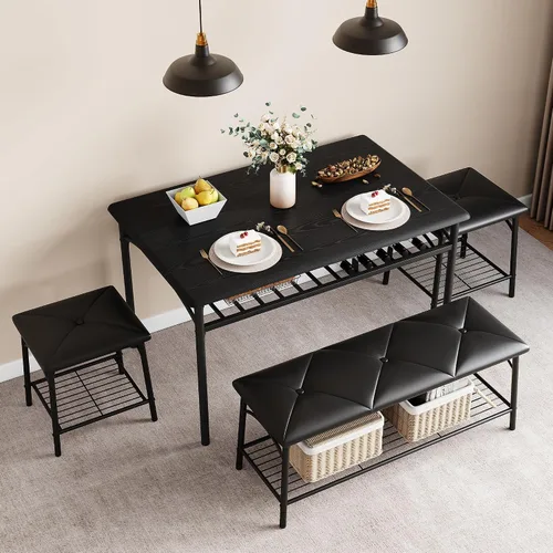 Miniatura 4 de IDEALHOUSE Juego de 4 mesas de comedor para 4, mesa de cocina con banco de comedor tapizado y taburetes cuadrados, juego de comedor para 4 personas