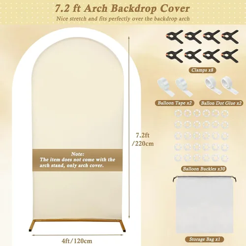 Miniatura 7 de Cubierta de fondo de arco de 7.2 pies, cubierta de arco de elastano beige, cubierta de soporte elástica con herramientas de atar globos para boda