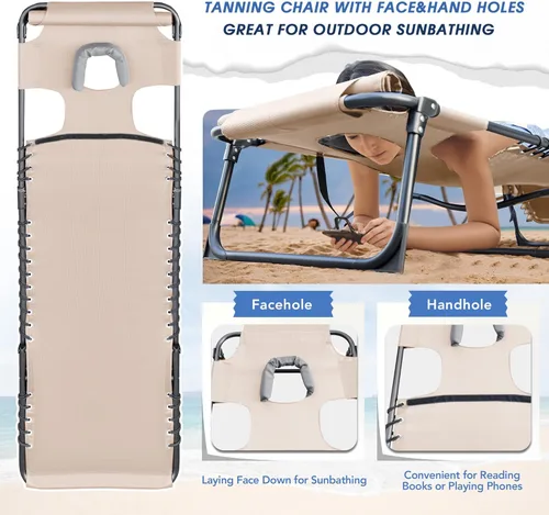 Miniatura 4 de Flamaker Silla Tumbona boca abajo ajustable de 5 posiciones para tomar el sol, silla de bronceado plegable con agujeros para la cara y los brazos