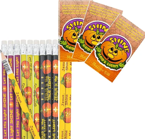 Biblebanz 24 juegos de lápices de calabaza cristiana con Let Your Light Shine a granel calabaza Halloween tarjetas de bolsillo tronco o golosina