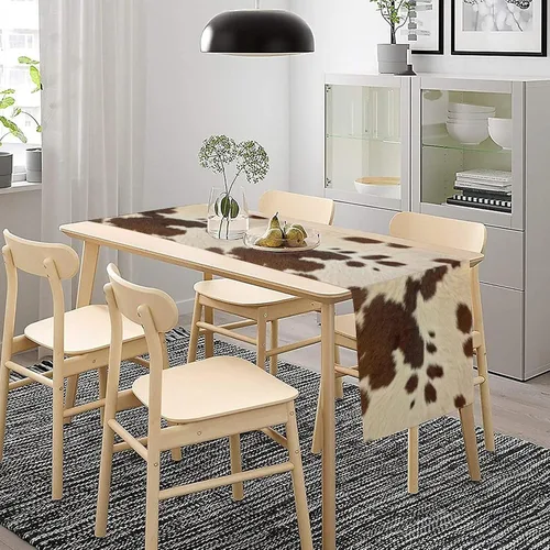 Miniatura 3 de Camino de mesa con estampado de piel de vaca, lino y algodón, rústico, estilo occidental, color negro, marrón, piel de vaca, para decoración