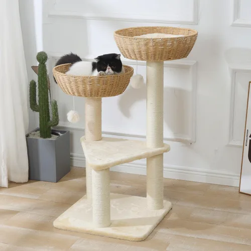 Miniatura 3 de SHENGOCASE Torre de árbol para gatos con cesta de mimbre de ratán, 2 cestas nido grandes tejidas a mano cama, percha de ventana para gatos grandes