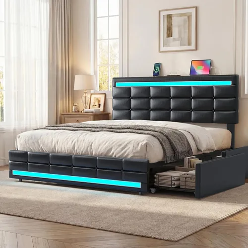 ADORNEVE Base de cama de tamaño matrimonial con cajones de almacenamiento, cabecera con luces LED, plataforma de cuero tapizada con 2 puertos USB,