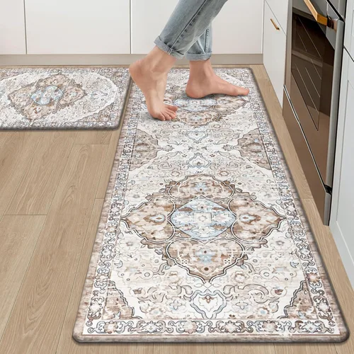 Miniatura 12 de Ileading Juego de 2 tapetes de cocina antifatiga, acolchados para piso, impermeables, antideslizantes, cómodos para cocina, oficina, fregadero, Gris