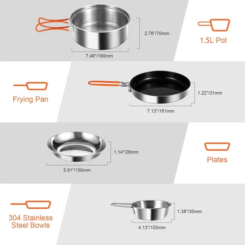 Miniatura 5 de Odoland 10pcs Stainless Steel Camping Cookware Camping Pot and Pan Set with Portable Camping Stove Camping Mess Kit with Plates Bowls Forks Knives