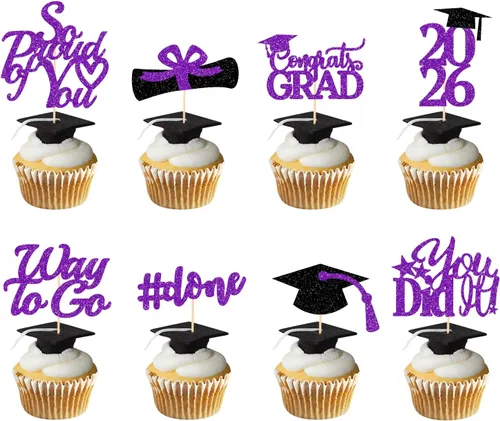 Miniatura 12 de Decoraciones de graduación 2026 azul, adornos para cupcakes de graduación 2026 azul y negro, suministros de decoración para cupcakes clase de 2026