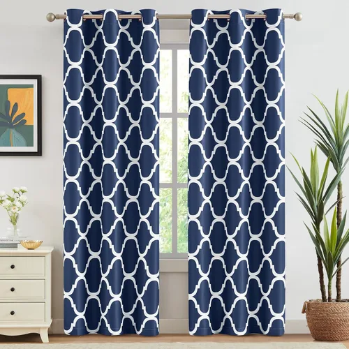 Miniatura 11 de Melodieux - Cortinas opacas estilo marroquí con aislamiento térmico y ojales para oscurecer sala de estar, 2 paneles. Blanco hueso/verde azulado
