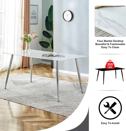 Miniatura 8 de Juego de mesa de comedor en blanco y negro de 51 pulgadas para 4, mesa de cristal minimalista moderna y 4 sillas tapizadas de piel sintética