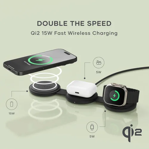 Miniatura 3 de Satechi OntheGo™ Cargador inalámbrico 3 en 1, cargador portátil Qi2 con carga rápida de 15 W para iPhone 17 a 12 Series, 5W para Apple Watch y 5W