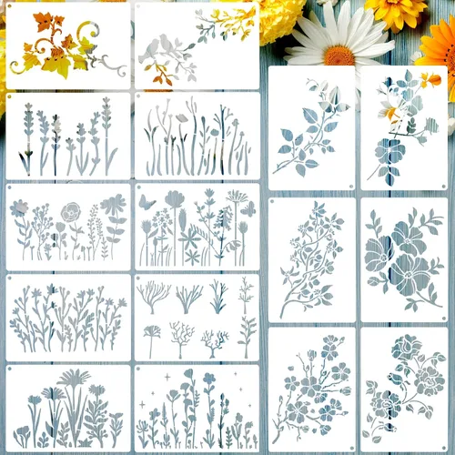 16 plantillas de flores silvestres para pintar de 4.3 x 6.3 pulgadas, plantilla reutilizable para bricolaje, plantillas de pintura de flores