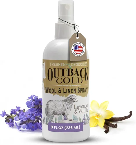 Outback Gold - Spray de lino y ambientador de tela, spray natural para lana y lino, aroma de lavanda y vainilla, aceites esenciales, desodorante