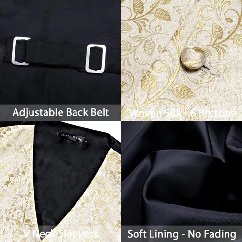 Miniatura 32 de Barry.Wang Conjunto de chaleco de pajarita para hombre, chaleco con cuello en V de seda jacquard de cachemira, gemelos de pañuelo formal/ocio, boda