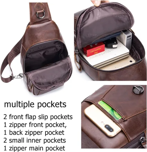 Miniatura 7 de BULLCAPTAIN Mochila cruzada de cuero genuino para hombre, mochila de senderismo al aire libre, bolsa de pecho de viaje