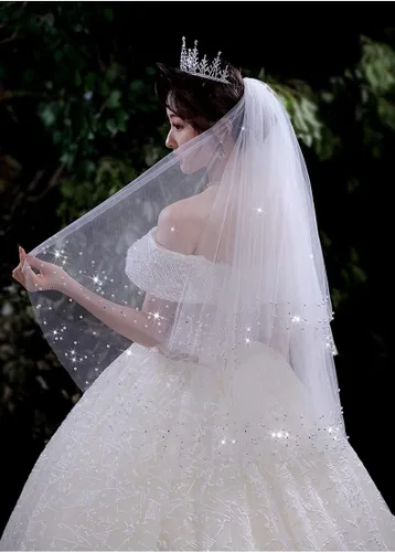Miniatura 4 de AMAJIERUIZE Velo de novia corto de 2 niveles para mujer con peine de metal