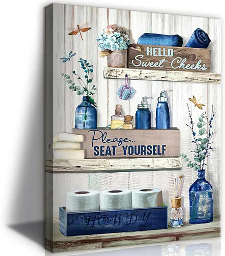 BJVJKSU Arte de Pared Decoración de Baño Azul Marino Decoración de Pared Rústica de Lienzo Azul para Baño Letrero de Por Favor Siéntate Impresión de