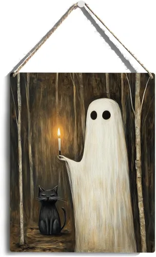 Miniatura 7 de Bonita decoración de Halloween, letrero de puerta de fantasma y gato negro, letrero colgante de madera para interiores, granja, hogar, baño