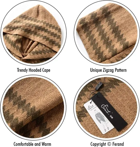 Miniatura 4 de Ferand Women's Hooded Zigzag Striped Knit Cape Poncho Sweater with Fringes
