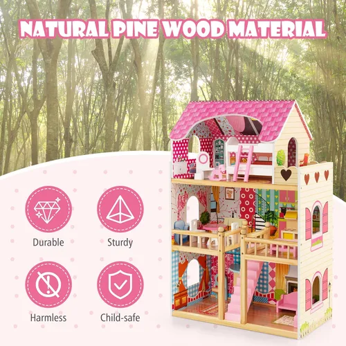 Miniatura 6 de HONEY JOY Casa de Muñecas Rosa, Casa de Muñecas de Madera para Niños con Balcón y Escaleras, 15 Piezas de Accesorios y Muebles Incluidos, Juguete