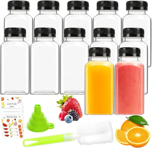 Leaflai Botellas de jugo – Botellas de 8 onzas con tapas, 12 recipientes de plástico para jugo con tapas, recipientes de bebidas reutilizables para