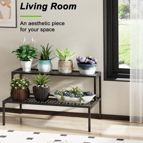 Miniatura 5 de aboxoo Soporte de metal para plantas de 2 niveles en maceta, soporte múltiple para macetas, estante para plantas de interior, múltiples plantas