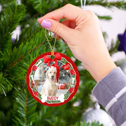 Miniatura 3 de Marco de fotos personalizado para perro, adorno de Navidad 2025 – Nombre y año personalizados para decoración de árboles, adorno de imagen