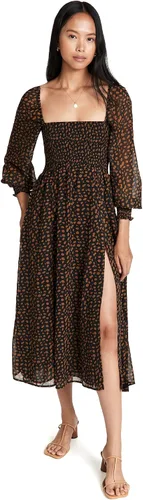 o.p.t - Vestido largo clásico fruncido para mujer, color negro floral, talla S, Negro Floral