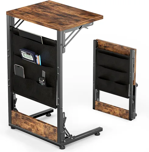 Miniatura 11 de Mesa auxiliar plegable en forma de C, pequeña mesa auxiliar plegable con bolsa de almacenamiento, bandeja de TV portátil para sofá, cama, color negro