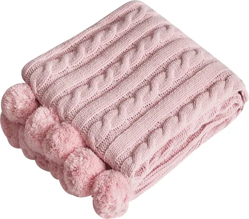 Miniatura 2 de Manta de punto de felpilla gruesa con 14 piezas con pompones, súper suave, acogedora y cálida, para sofá y cama, sofá suave, 50 x 60 pulgadas (rosa)
