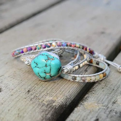 Miniatura 64 de ZOSOJONA - Pulseras bohemias hechas a mano de piedra natural, que dan vuelta, con cuentas de cristal de turquesa