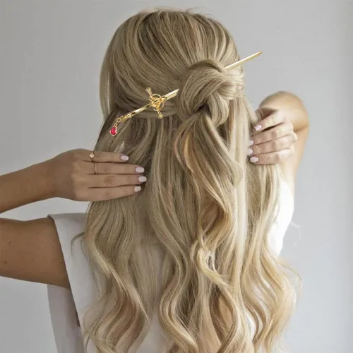 Miniatura 3 de Paquete de 2 accesorios para el cabello con borla de espada china para mujer, moños con gemas para el cabello (dorado)