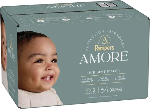 Miniatura 17 de Pampers Amore, tamaño 3 (13-26 libras), 66 unidades, nuestro mejor pañal, hipoalergénico y sin fragancia, hasta 100% a prueba de fugas, suave como