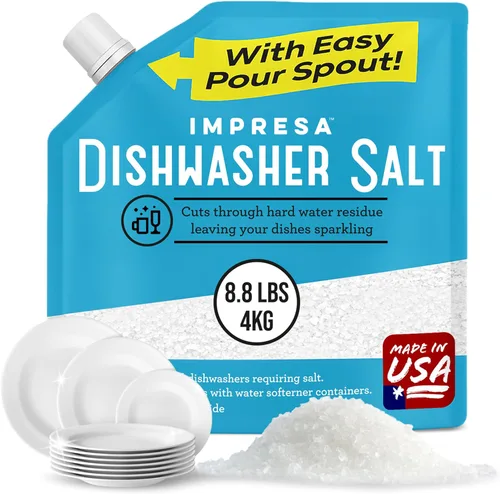 Sal suavizante de agua para lavavajillas, 8.8 libras, sal pura de grano grueso para Bosch, Miele, Whirlpool, Thermador y más, elimina la cal, las