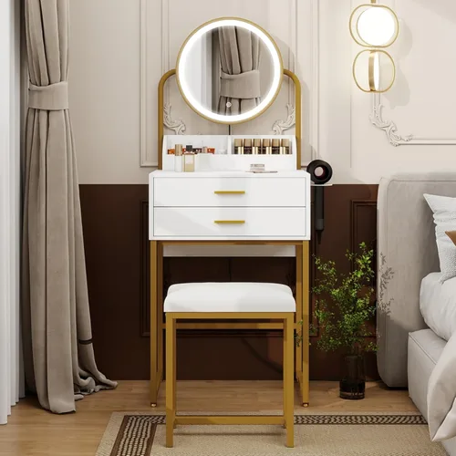 ARTETHYS Escritorio pequeño con espejo y luces, tocador de maquillaje compacto blanco con silla, moderno tocador que ahorra espacio con cajón para