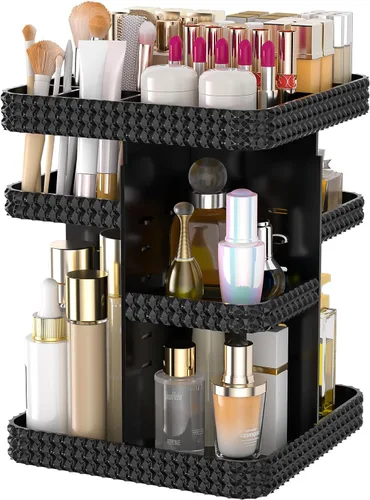 Organizador de maquillaje giratorio con soporte para brochas de maquillaje, organizador de perfumes de gran capacidad para encimera de tocador, Negro