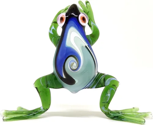 Miniatura 3 de Figuras en miniatura de rana animales soplados a mano, arte de vidrio, regalo coleccionable para decorar 3 pulgadas (verde azul)