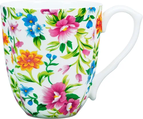 Taza floral de porcelana de hueso de 14 onzas, taza de café floral para mujeres y hombres, taza de té de café de porcelana de hueso con asa cómoda,