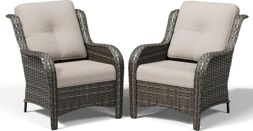 Joyside Juego de 2 sillas de mimbre para exteriores, sillas de comedor de mimbre de polietileno con cojines de asiento de 4 pulgadas (mezcla