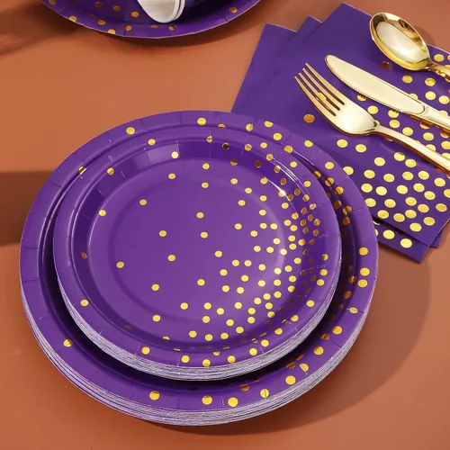 Miniatura 2 de 175 piezas de decoraciones de fiesta moradas y doradas, juegos de platos, tazas y servilletas moradas, platos desechables dorados para suministros