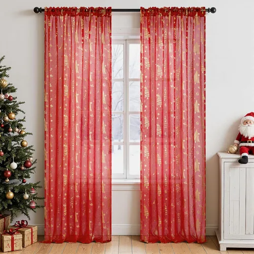 Topfinel - Cortinas transparentes de Navidad de 63 pulgadas de largo para sala de estar, juego de 2 paneles, cortinas con bolsillo para cortinero y