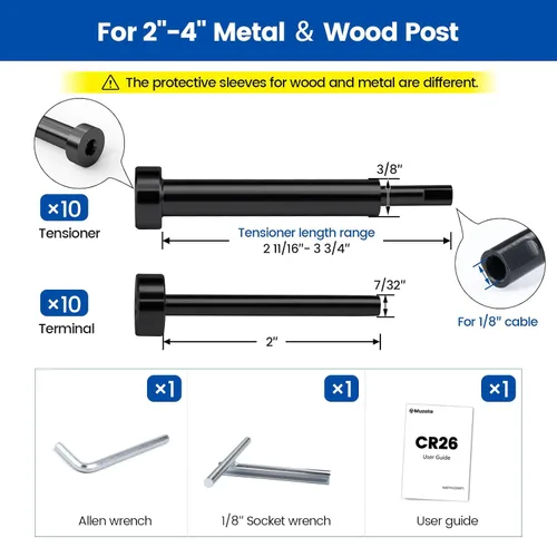 Miniatura 2 de [Patente] Muzata Paquete de 20 barandillas de cable invisible de 1/8 pulgadas, 10 pares de tensores y terminales para postes de metal de madera de 2