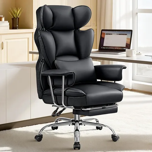 ALLGOD Silla de oficina cómoda, silla ejecutiva grande y alta, silla ancha ergonómica de respaldo alto con reposapiés, silla de escritorio Negro