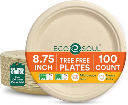 Miniatura 34 de ECO SOUL Compostable Paper Plates 9 Inch, 500 Pack – Heavy Duty Disposable Dinner Paper Plates, White Bagasse, Leak-Resistant, Microwave Safe